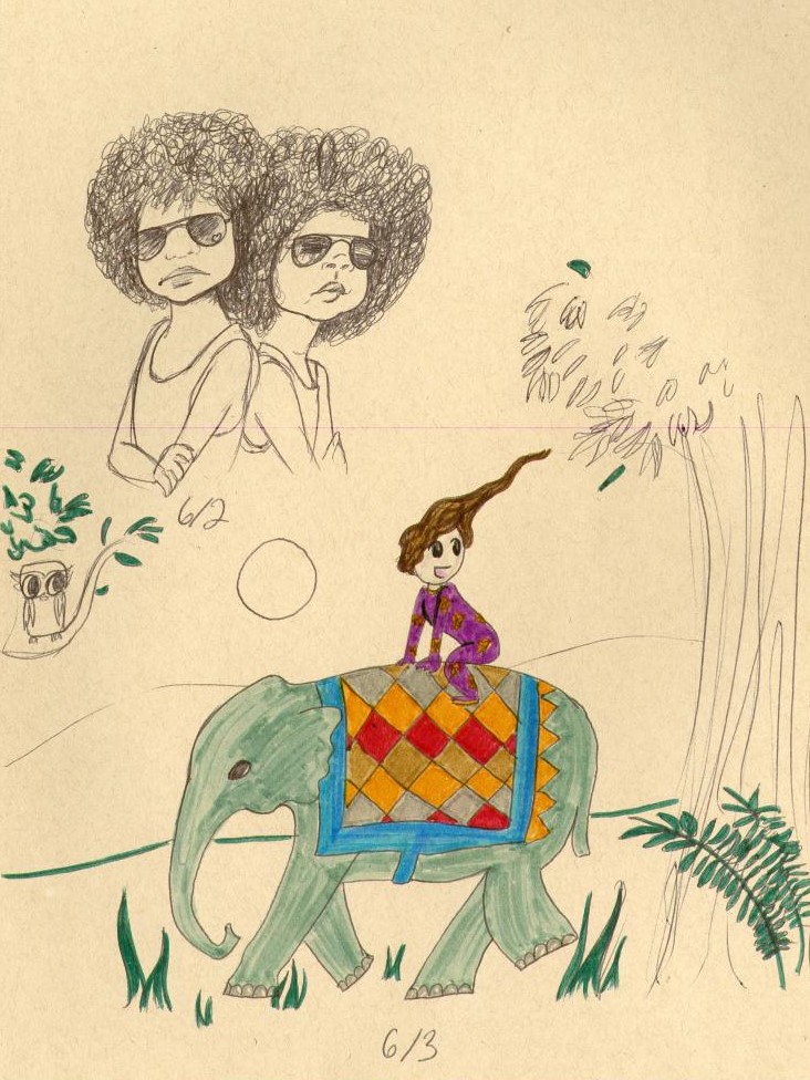 page from a sketchbook. Upperleft image is drawn with a black ballpoint pen of 2 young black boys with large afros and black sunglasses. Lower image is of a boy in purple pjs riding a green elephant.