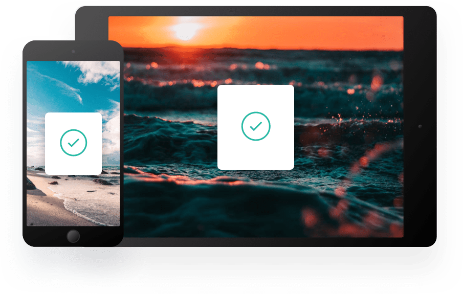 Smartphone and tablet with green checkmark on both screens.